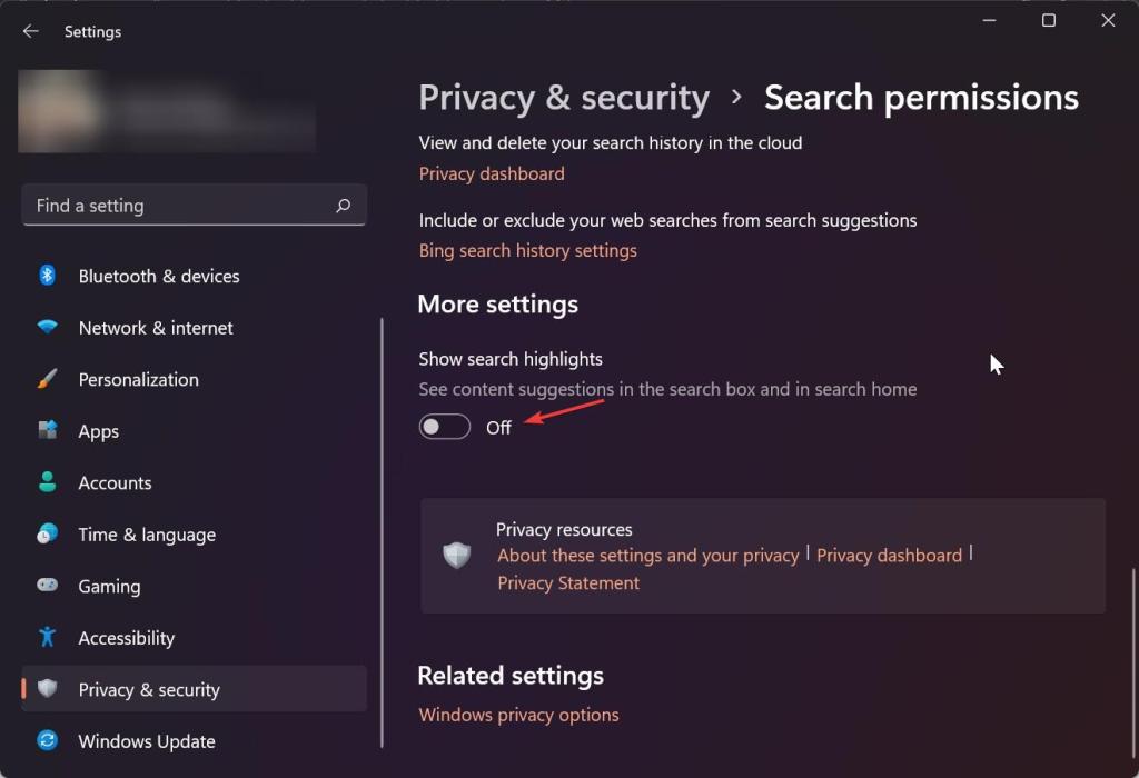 設定から検索ハイライトをオフにする
